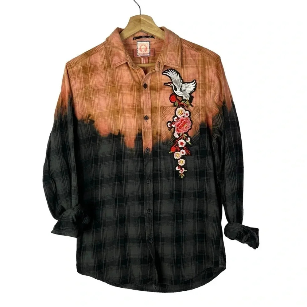 Boutique Siany Orange & Black Dyed Crane Floral Embroidered Long Sleeve S